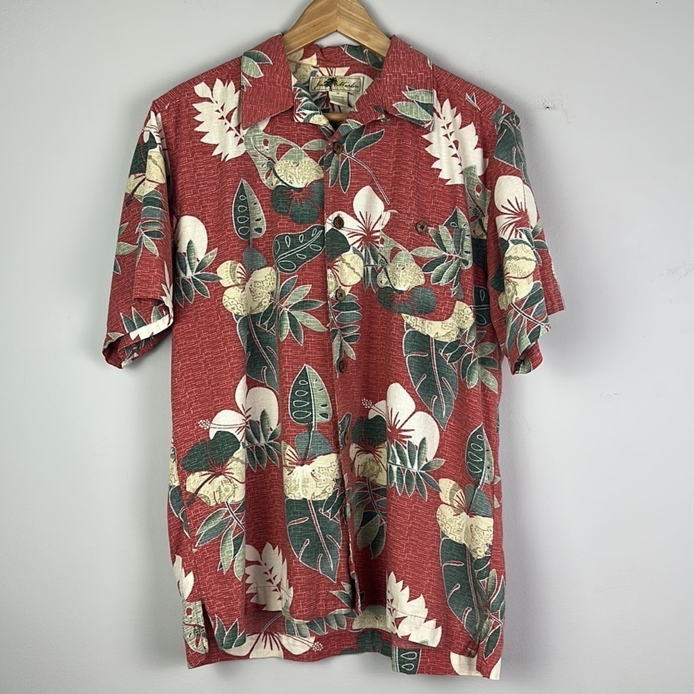 Joe Marlin Mens Size M Hawaiian Print Wood Button Down Casual Shirt Chest Pocket